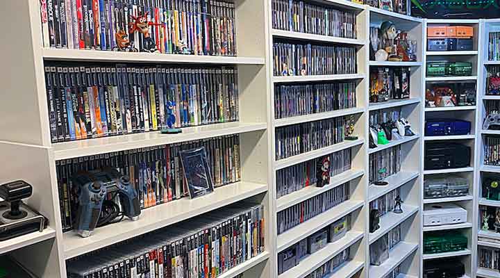 ikea billy bookcase is used for video game storage